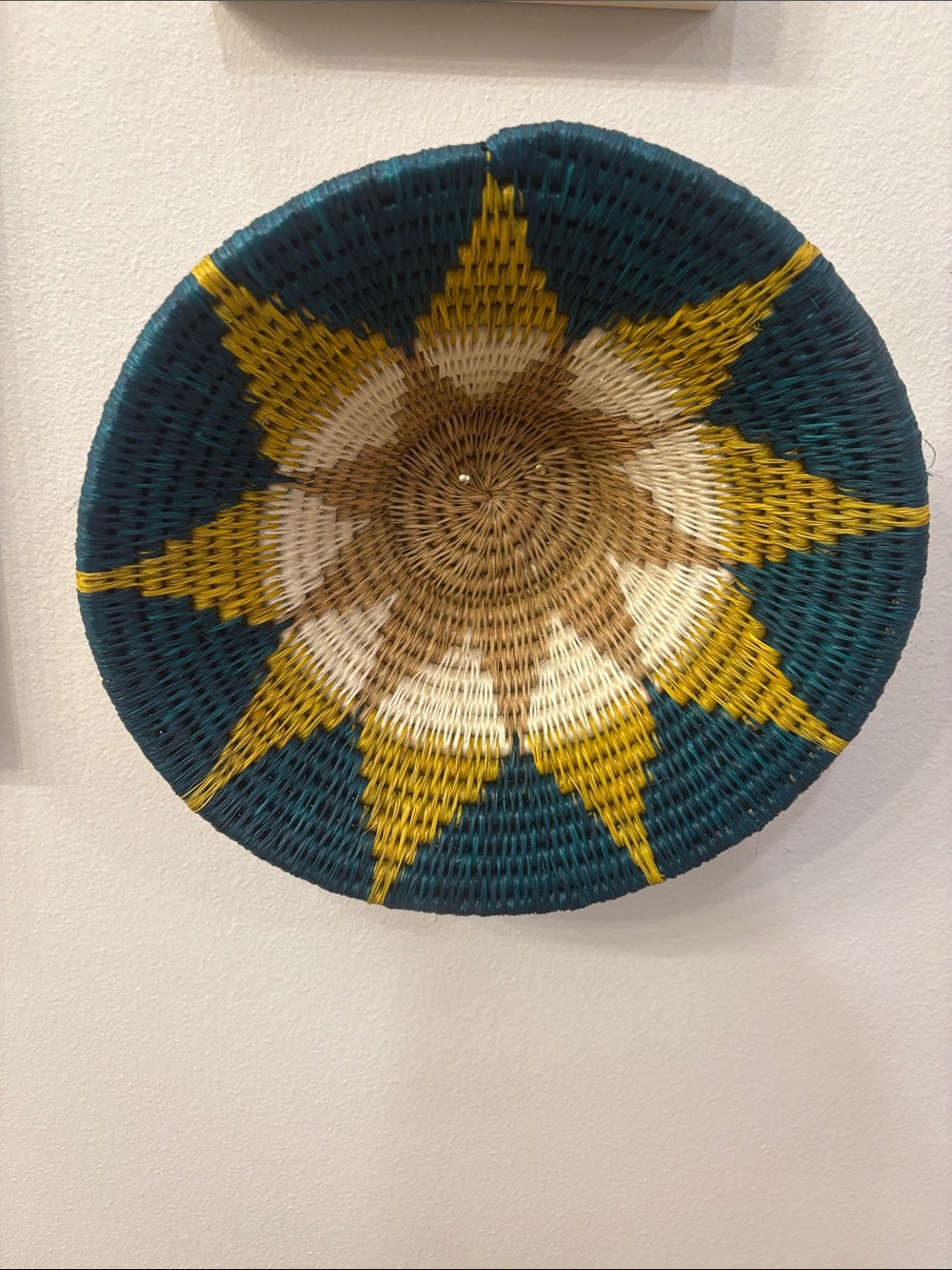 Handwoven Decorative Wall Basket - Teal, Mustard & Natural